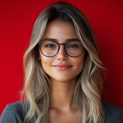 Obraz premium Happy smile businesswoman wearing glasses Blonde hair successful hispanic young business woman smiling confident at camera. Latin middle age female ceo leader on red background businesswoman