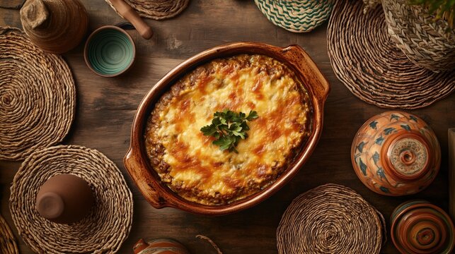 A golden-baked bobotie in a rustic ceramic dish, garnished with fresh parsley and surrounded by woven mats and artisan pottery, creating a cozy South African dining experience