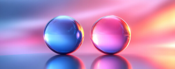 Glowing spheres on surface, pink-blue backdrop