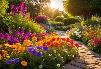 Obraz premium vibrant garden design featuring seasonal diverse colorful plant arrangements stunning visual impact, aesthetics, biodiversity, blossoms, cultivation, eco