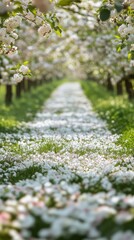 A vibrant spring orchard with apple trees in full bloom, petals covering the ground