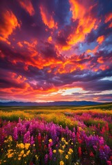 Fototapeta premium vivid seasons capture colorful fields under striking cloud formations showcasing splendor, agriculture, clouds, seasonal, vibrant, landscape, scenery