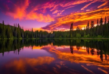 Fototapeta premium vibrant sunset reflection calm lake surrounded lush greenery colorful sky purple hues, view, orange, pink, skies, silhouette, trees, water, nature, landscape