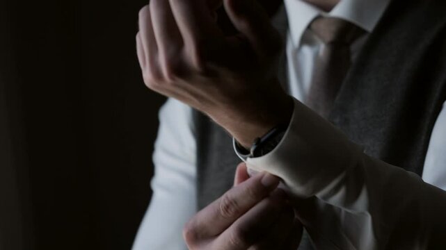 Close-up of a man standing by a window straightens the cuffs of his shirt and fastens the buttons on them.