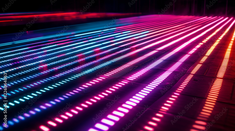 Poster neon-glowing data highway with overlapping light streaks in a futuristic cyberpunk environment repre
