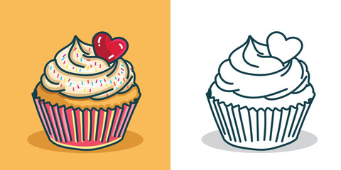 A cupcake illustration for Valentine's design element, sticker, or coloring book element