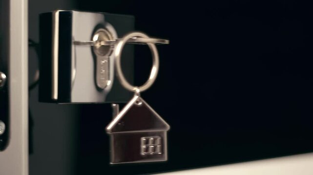 A shiny key with a chrome house keychain is inserted into a door lock. Closeup. Macro. Shot in motion. Shallow depth of field