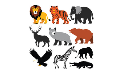 Wild Animal Vector Icons - Colorful and Silhouette Illustrations of Wildlife Creatures