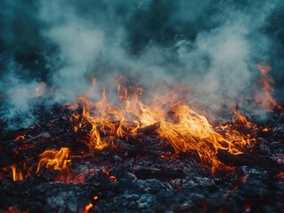 A fire is burning in a field of ash and smoke. The fire is large and intense, with flames reaching high into the sky. The smoke is thick and billowing, creating a sense of danger and destruction