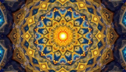 Vibrant kaleidoscope mandala with starburst pattern and interwoven geometric designs