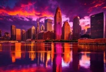 Obraz premium stunning sunset over vibrant city skyline featuring tall colorful bright reflection water under evening sky, buildings, clouds, colors, horizon, light