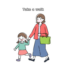 お母さんとショッピングをする女の子イラスト 4C