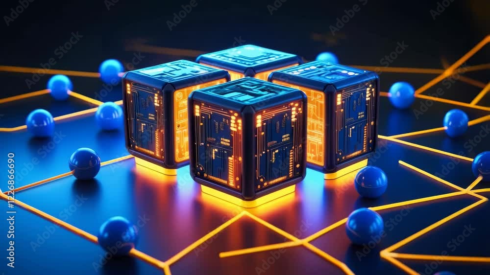 Poster an abstract futuristic, abstract technology 3d cubes structure, with intricate circuit patterns on t