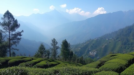 Naklejka premium Scenic Mountain Landscape with Tea Plantations