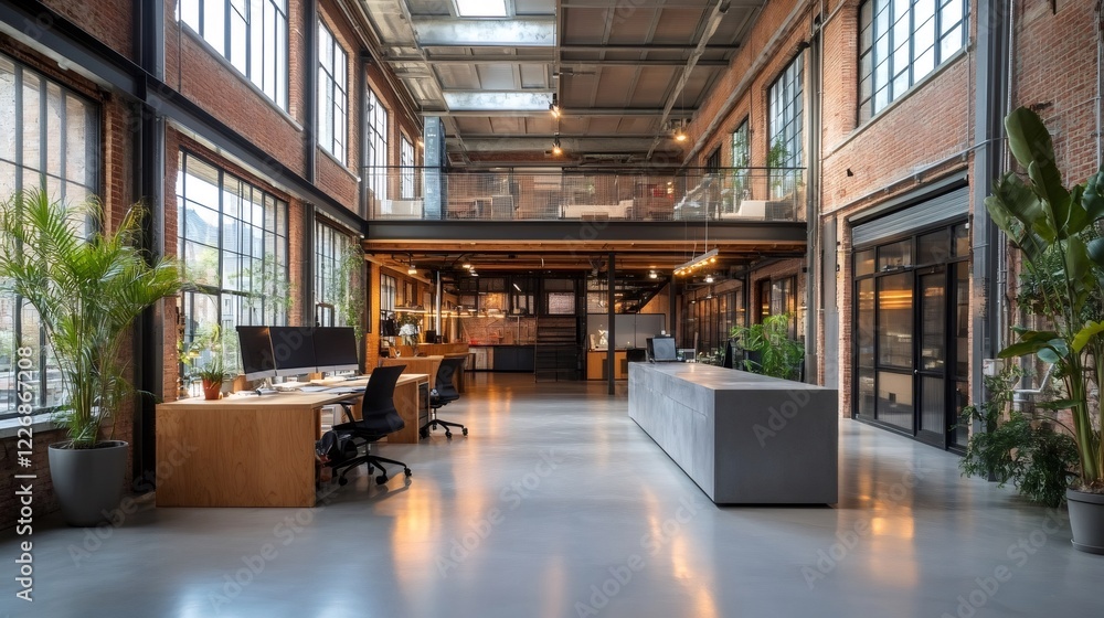 Poster modern open space office in a renovated industrial building with plants and mezzanine