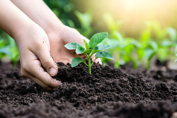 Closeup hand of person holding abundance soil with young plant. Hands holding a sprouting plant in soil