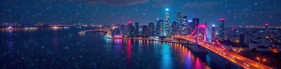 Obraz premium Glowing city skyline at night, holographic ads , science, poster