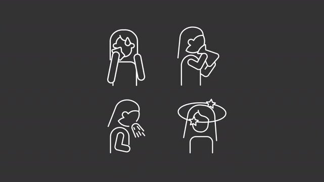 Stress symptoms white line animation library. Animated icons related to mental and physical health. Infection signs. Isolated illustrations on dark background. Transition alpha. HD video. Icon pack