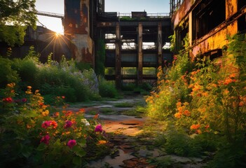 vibrant flora intertwined industrial remnants showcasing resilience amid urban decay striking contrasts, ruins, landscapes, plants, greenery, flowers