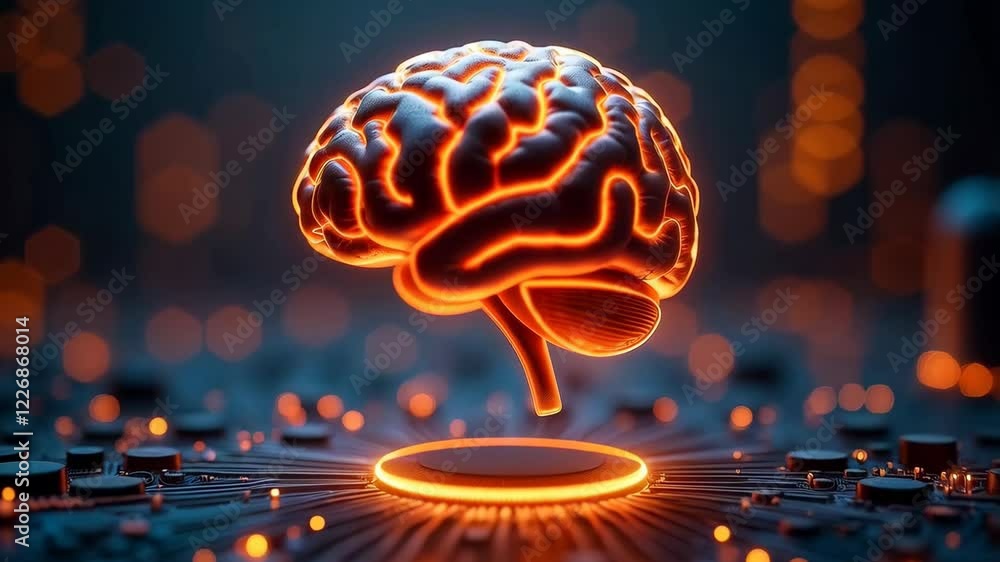 Poster a highly detailed, futuristic brain with intricate circuit patterns and glowing orange lights above 