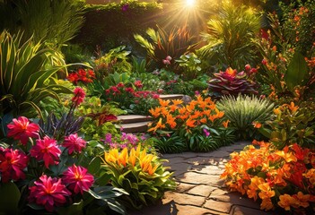 Obraz premium colorful garden displaying unique plant arrangements variety greenery lush radiant setting, plants, flowers, horticulture, landscape, decorations