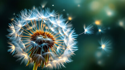 Dandelion seeds gracefully floating in the air captured in Scratchboard Art style.