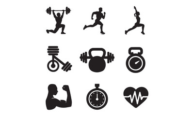 Fitness and Gym Silhouette Icons - Black Vector Symbols for Exercise, Weightlifting, Running, and Yoga