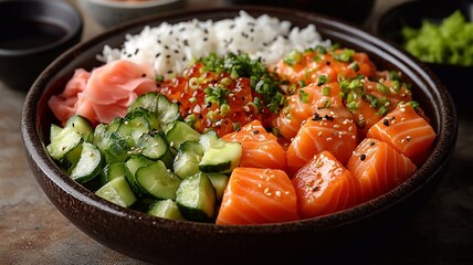 Poke bowl with fresh salmon slices, white sushi rice, diced avocado, seaweed salad, edamame, and sliced cucumber, topped with sesame seeds and microgreens