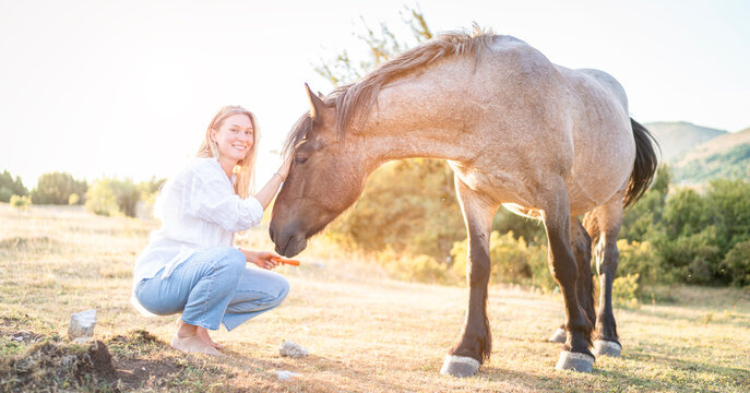 junge Blondine streichelt ein wildes Pferd