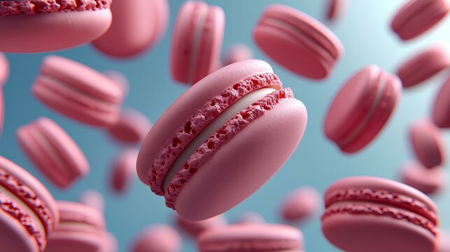 laduree macarons in pink and red colors are flying in the sky