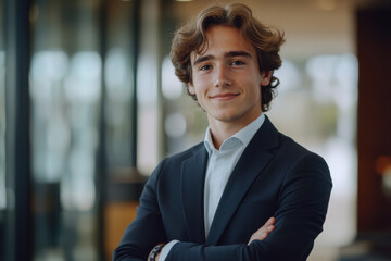 Fototapeta premium Confident young professional showcases optimism in sleek modern office