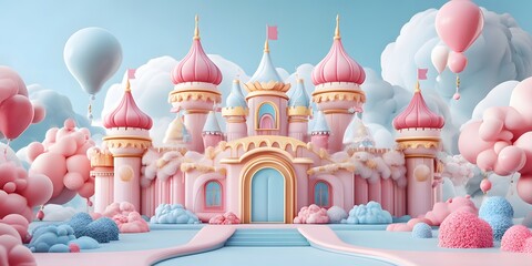 Beautiful and magnificent 3D cartoon palace, with pink and light blue colors, generative AI