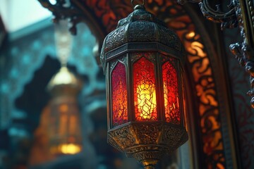 A red lantern with intricate metalwork, lit and providing warm illumination in a Middle Eastern setting.