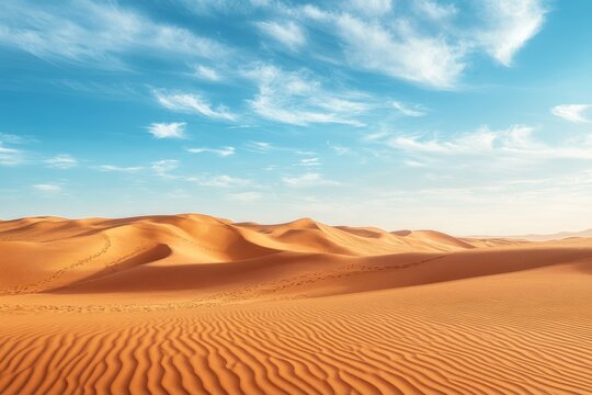 Desert landscape, dunes, footprints, blue sky, travel,  brochure