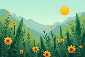 Vibrant Summer Meadow with Sunflowers and Mountains in the Background