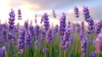 Naklejka premium Lavender field in bloom, summer sunset. Agricultural pasture of purple flowers with tall stems in a serene, idyllic landscape.
