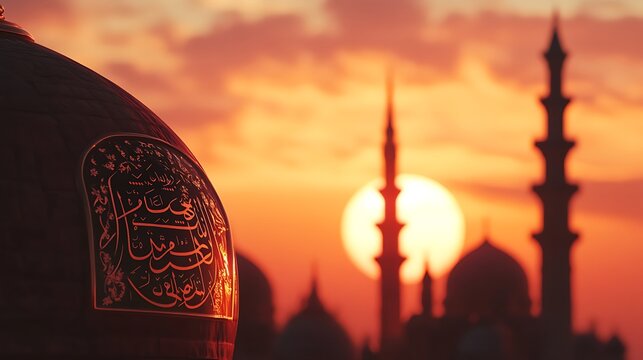 Arabic calligraphy on mosque dome at sunset, a symbol of islamic faith