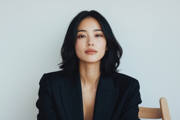 Obraz premium Young asian businesswoman posing in studio with black jacket