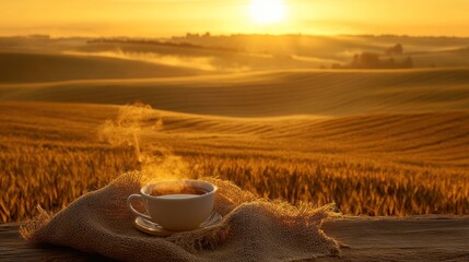 Serene Sunrise: A Warm Cup of Coffee in a Golden Field