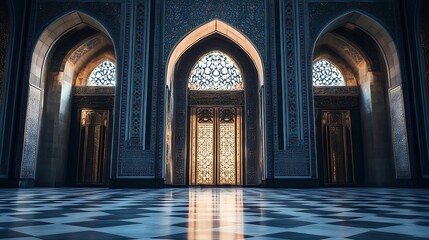 Obraz premium Sunlight illuminating ornate doors in a majestic mosque