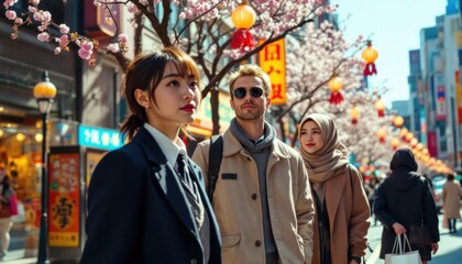 Obraz premium Diverse group exploring vibrant asian street with cherry blossoms and lanterns