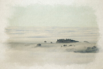 Digital watercolour illustration of a Peak District landscape vignette during a winter sunrise cloud inversion.