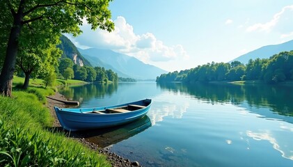 tranquil river landscape with a blue boat moored at the shore, landscape, peaceful, nature