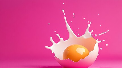Pink background with a splash of milk and an egg. The egg is cracked open and the milk is splashing out of it
