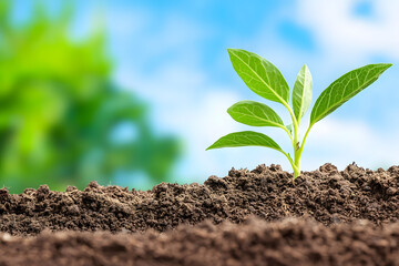 Green small sprout in a pile of soil. Seedling, growing from the soil