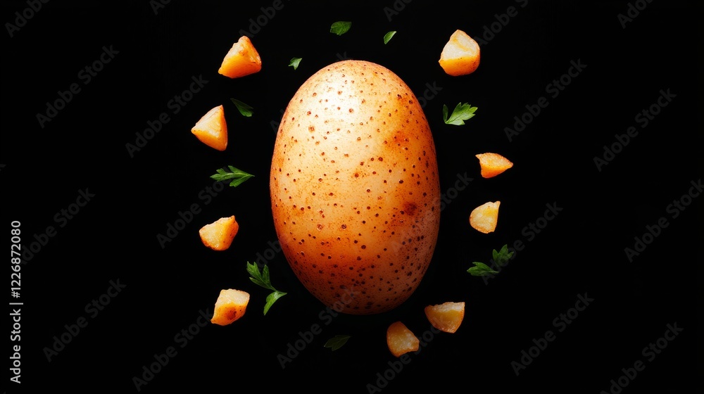 Poster large potato with a bunch of parsley and carrots surrounding it. the image has a warm and inviting m