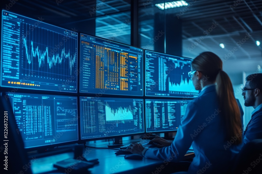 Poster Analyzing financial data on multiple monitors in office