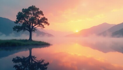 Fototapeta premium Serene misty lakeside scene featuring a lone tree at sunrise moment, calm, tranquility