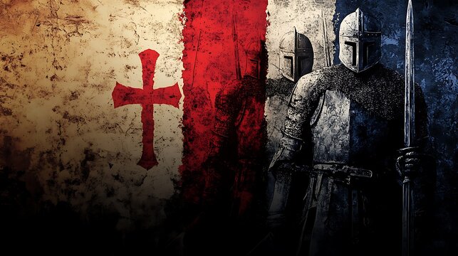 Medieval knights holding swords under templar cross flag