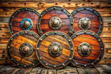 Naklejka premium Wooden Shields, Metal Rims, Round Shields, Boss, Rule of Thirds, Still Life, Decorative Shields